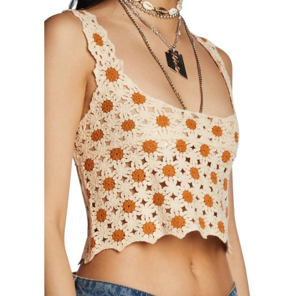 The Post Crochet Crop Tank Womens M/L Beige Brown Floral Knit Boho Summer